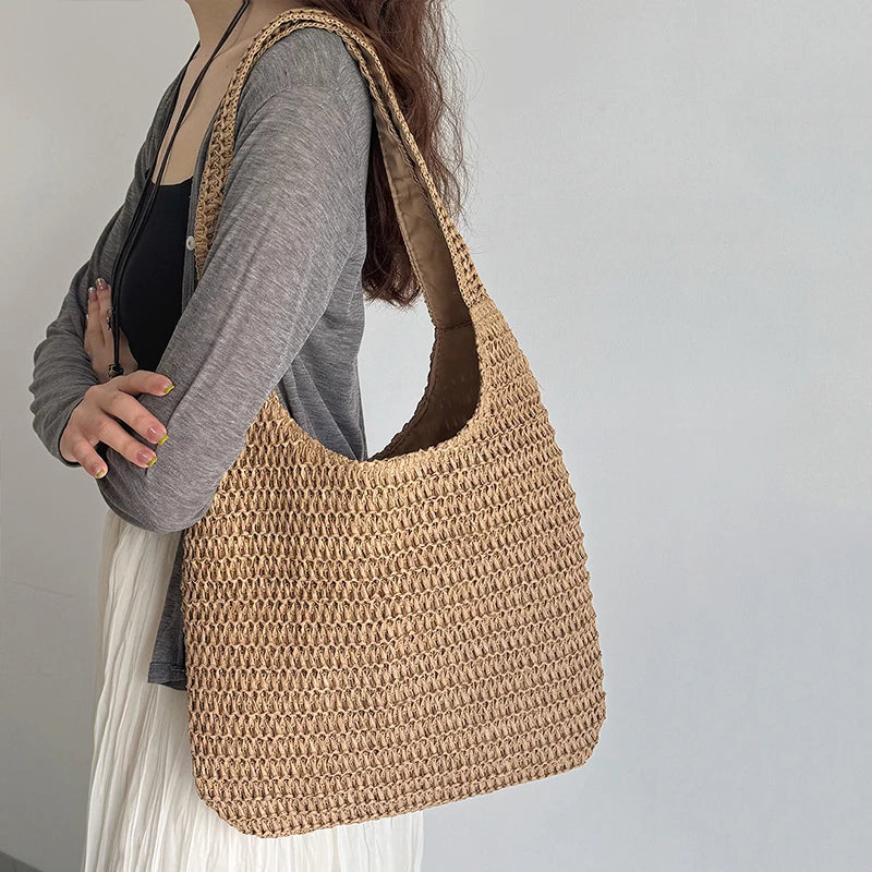 Fashion Rattan Women Shoulder Bags Woven Female Handbags Large
