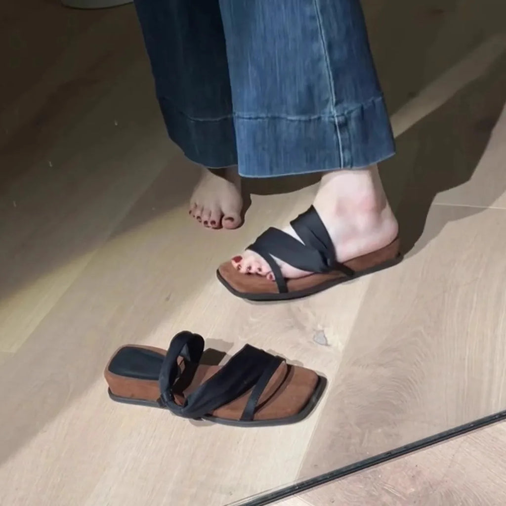 Women's Leather Ankle Strap Sandals – Square Toe Summer Flats Ankle Strap Sandals Vue
