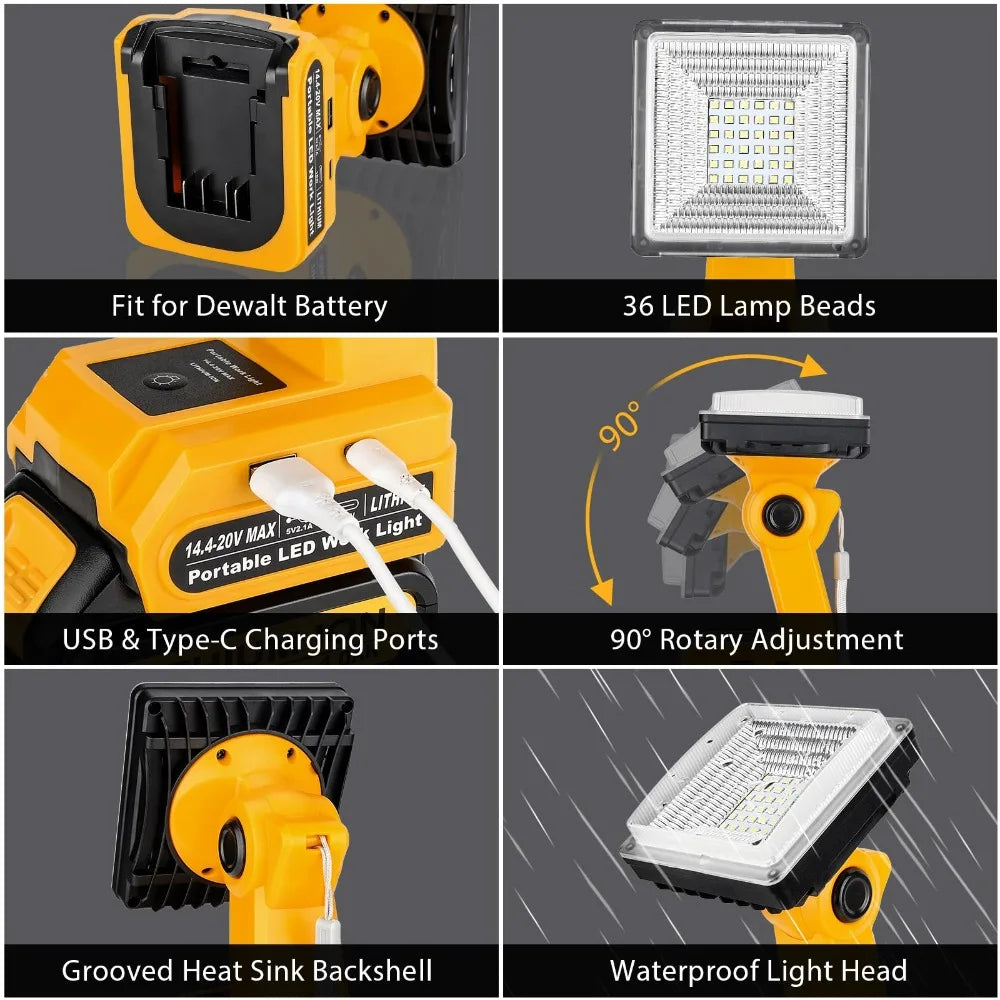 15W 2000LM Cordless LED Work Light Portable Floodlight for Dewalt 20V 60V Batteries with USB Charging Port for Job Sites Camping Vue