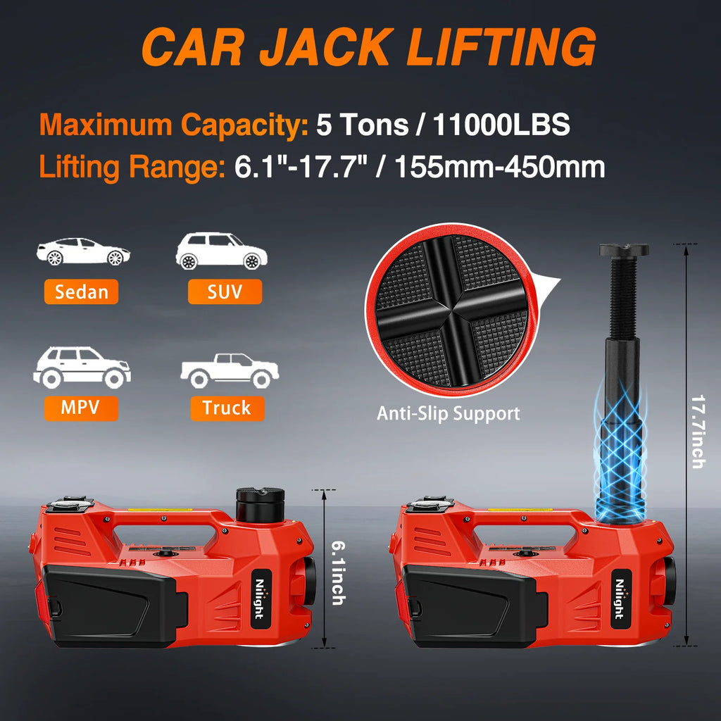 Electric Car Jack 5 Ton 12V Hydraulic with Inflatable Pump LED Light 3 in 1 Portable Floor Jack for Tire Change Vue