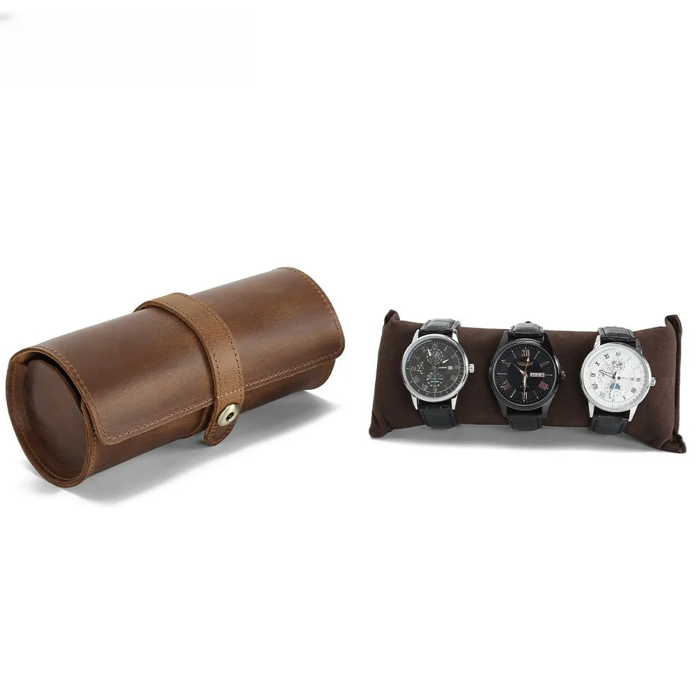 Retro Crazy Horse Leather Watch Box Creative Round Buckle Leather Storage Box Three Packs of First-layer Cowhide Vue
