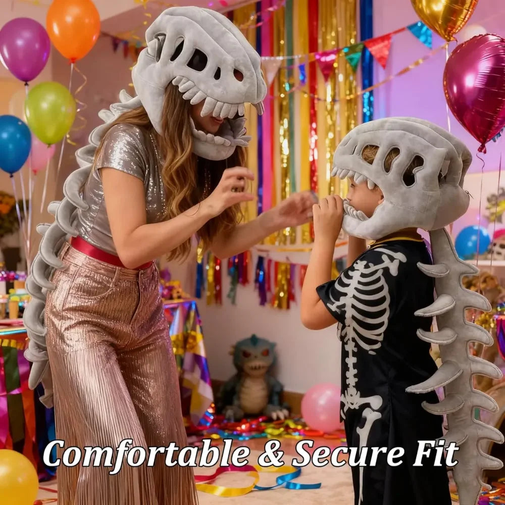 Dino Skeleton Plush Head Mask Cosplay Costume Performance Bone Print Soft Toy for Dress Up Party Role Play Halloween Outfit Vue