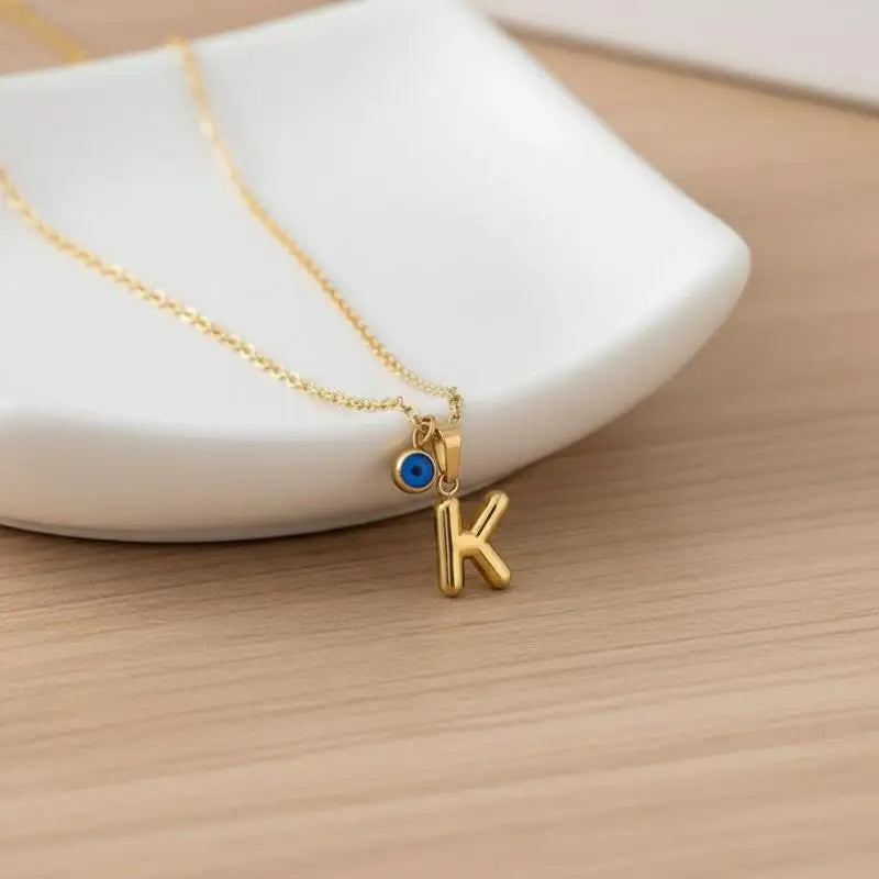 Turkish Blue Eye 3D Letter A-Z Alphabet Necklace For Women Girls Dainty Gold Plated Tiny Letter Stainless Steel Jewelry Gift Vue