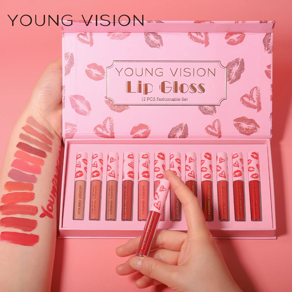 YOUNG VISION 12Pcs/set Lip Glaze Magnet Gift Box Set Matte Non Stick Cup Liquid Lipstick Vue