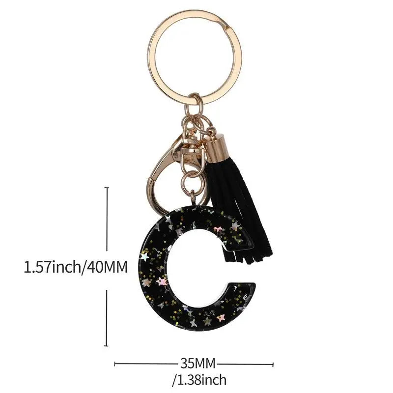 Black Glitter Star Sequins Resin 26 Letters Keychain Initials A-Z Keyring Tassel Charm Accessories Backpack Hanging Decoration Vue