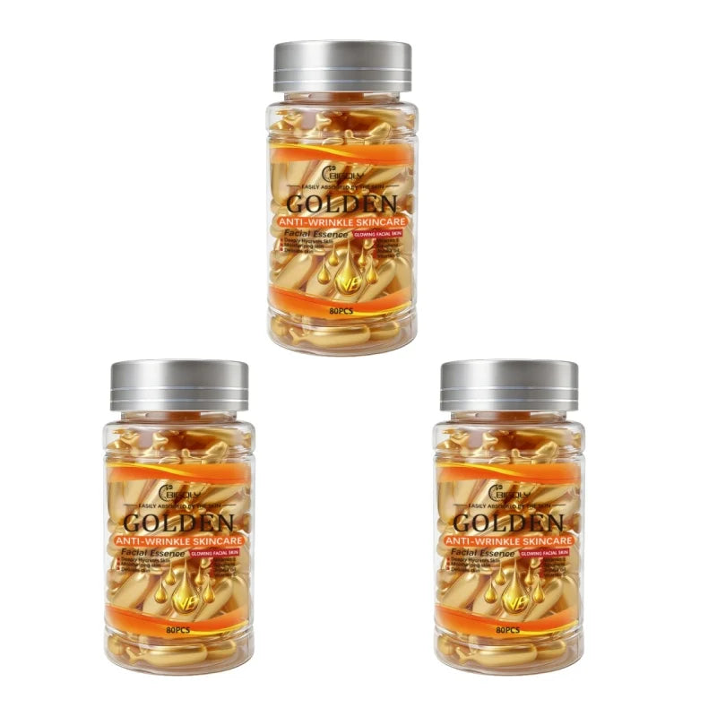 80 Capsules of Facial Anti-Wrinkle Serum, Rich in Vitamins C, E, and Squalane, Moisturizes and Nourishes the Skin, Making It Smooth and Delicate, Packaged in Capsule Form, Hygienic and Portable Vue 3Box