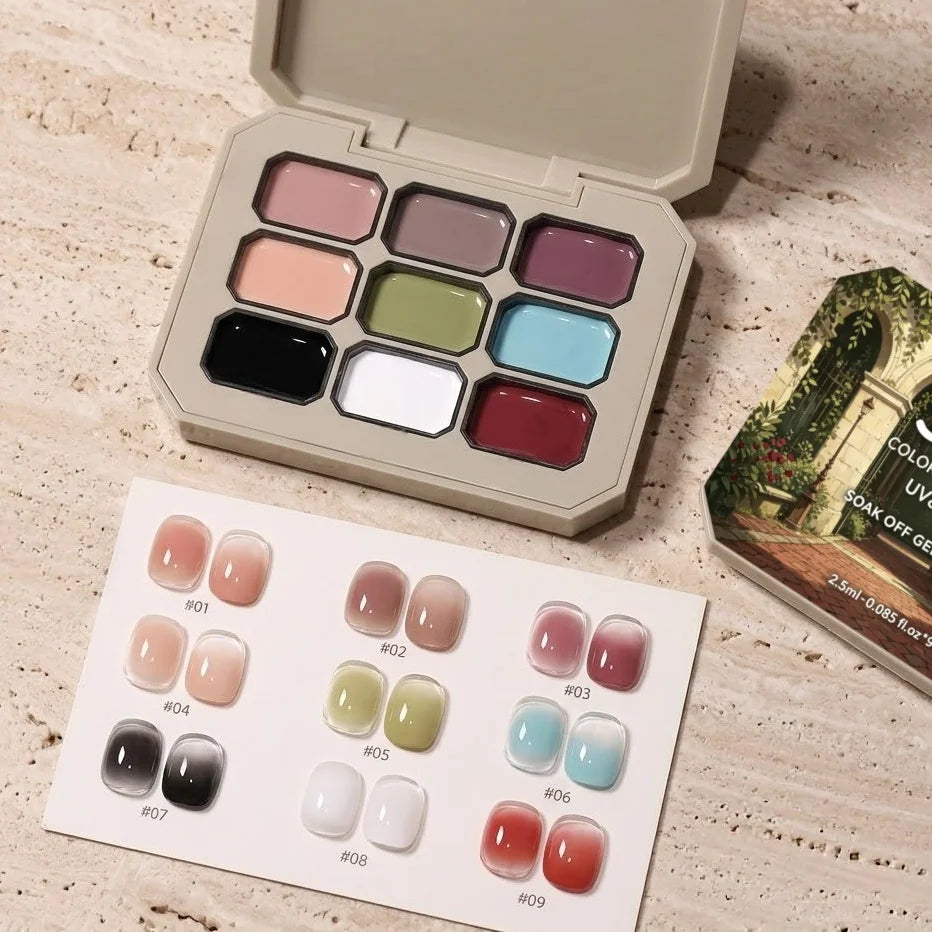Nine-Grid Solid Gel Nail Polish, DIY Manicure Kit, Perfect Gift, Ideal for Nail Art, Easy-To-Use, Long-Lasting Finish Vue 01