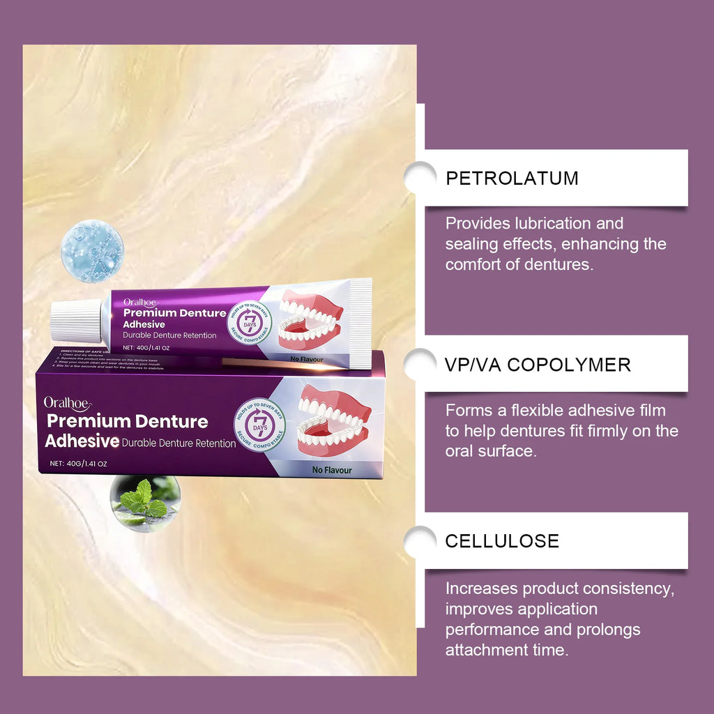 Denture Adhesive, Natural Fit,Comfortable Secure Hold, Long-Lasting & Gentle, Beautiful Smile Enhancement, Perfect for Daily Use Vue
