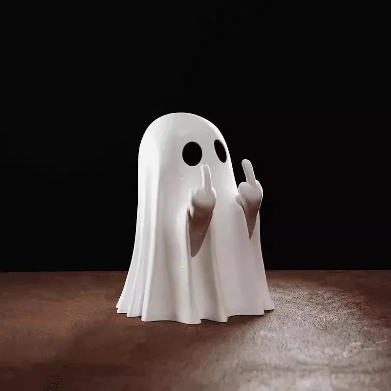 Cute Middle Finger Ghost Statue,Small Halloween Decor for Home,Centerpiece for Coffee Table,Adorable Horror Figure,Shelf Decor Vue White