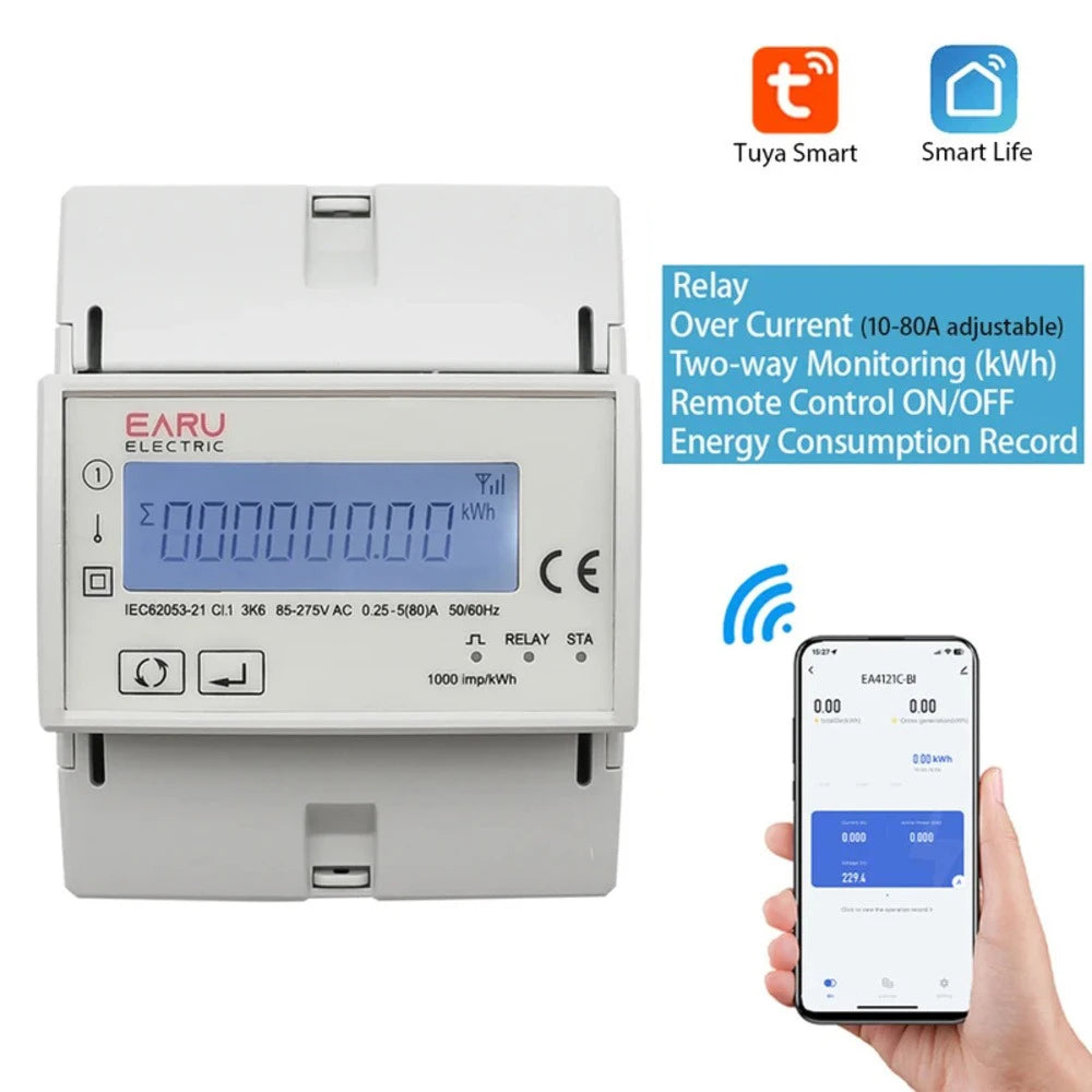 Tuya WiFi/Zigbee 80A Smart Single Phase 2way Bidirectional Energy Meter Timer Power Consumption Monitor KWh Meter with Backlight Vue