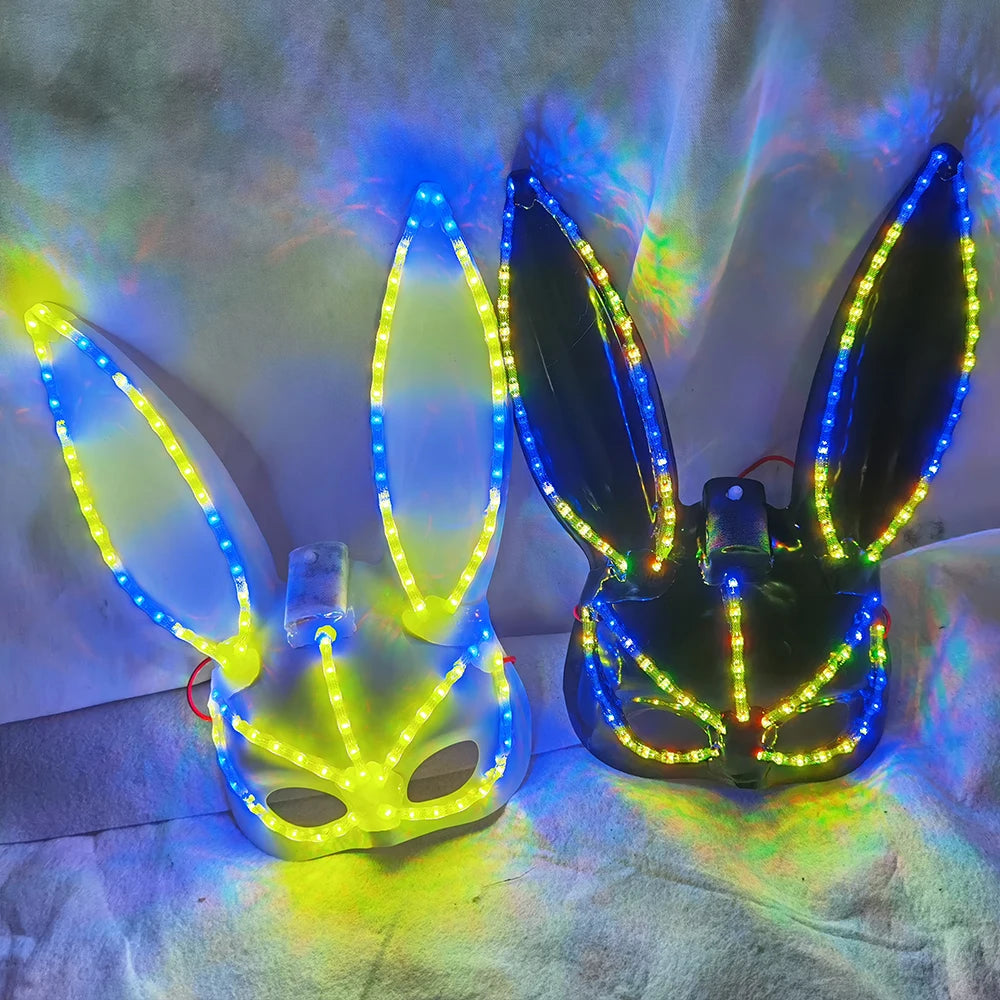 Halloween LED Light up Bunny Mask Mixed Colours Double Cross Eyes Cute Plush Bunny Party Spoof Mask Photo Props for Halloween Vue