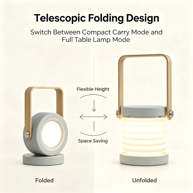 Portable Folding Night Lamp, Creative Wooden Handle LED Lantern, Telescopic Table Light USB Charging Reading Lamp for Home Decor Vue