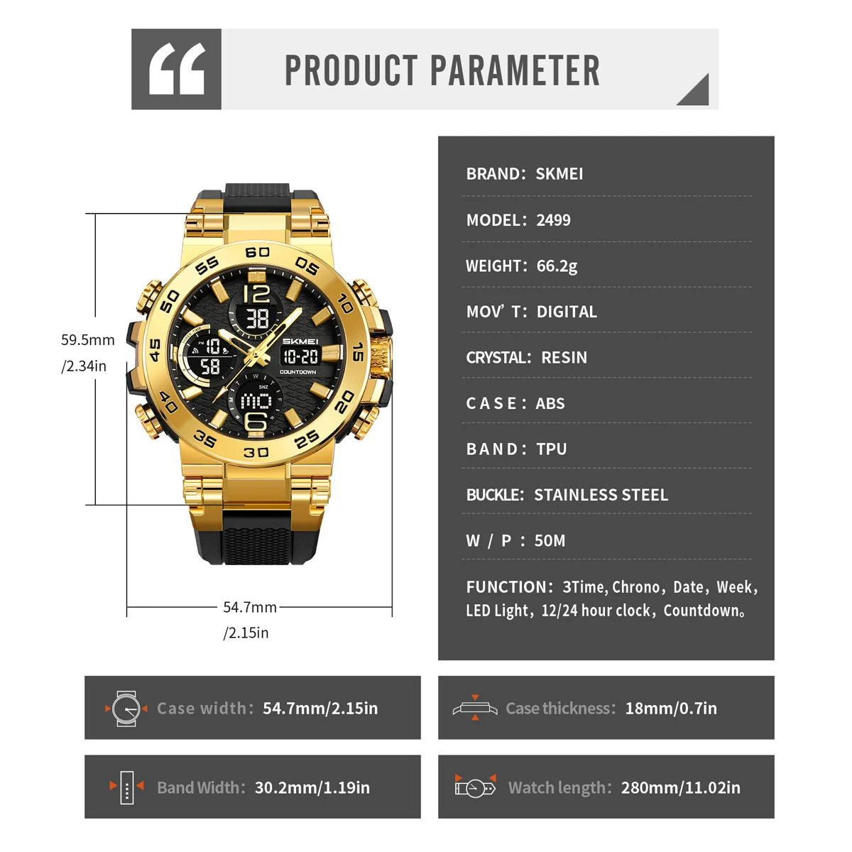SKMEI 2499 Men's Sport Digital Watch – LED, Alarm, Waterproof Digital Sport Watch Vue