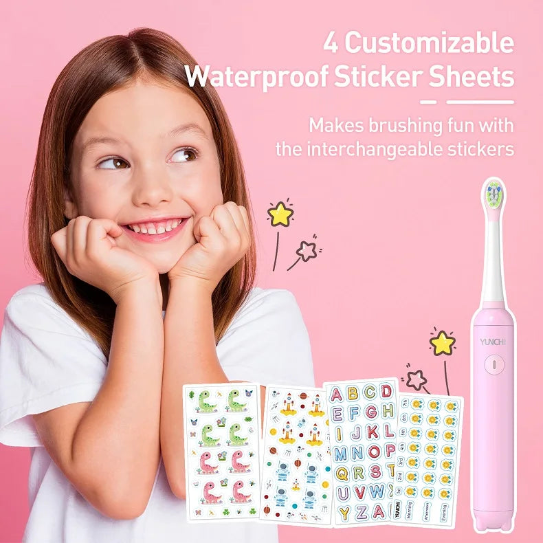Kids Rechargeable Electric Toothbrush with Waterproof Stickers IPX7 2 Min Timer Toothbrush With Replacement Head Vue