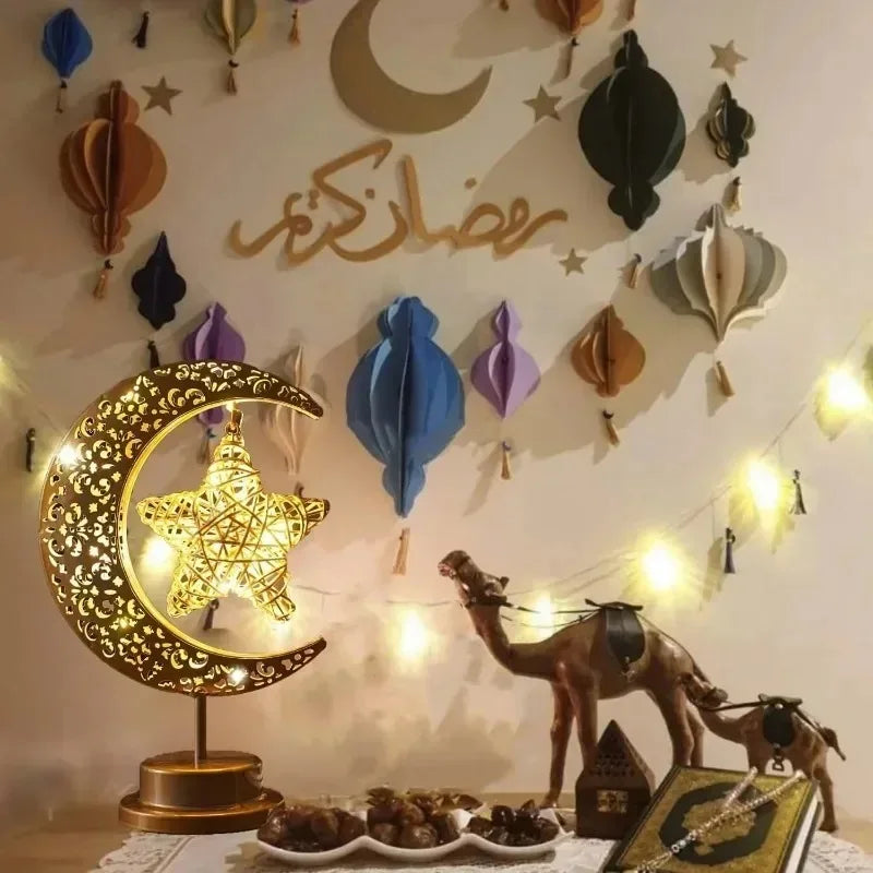 LED Rotating Iron Ramadan Moon Star Light Eid Mubarak Decor for Middle Eastern Party Home Table Ambiance Bedroom Night Lamp Vue