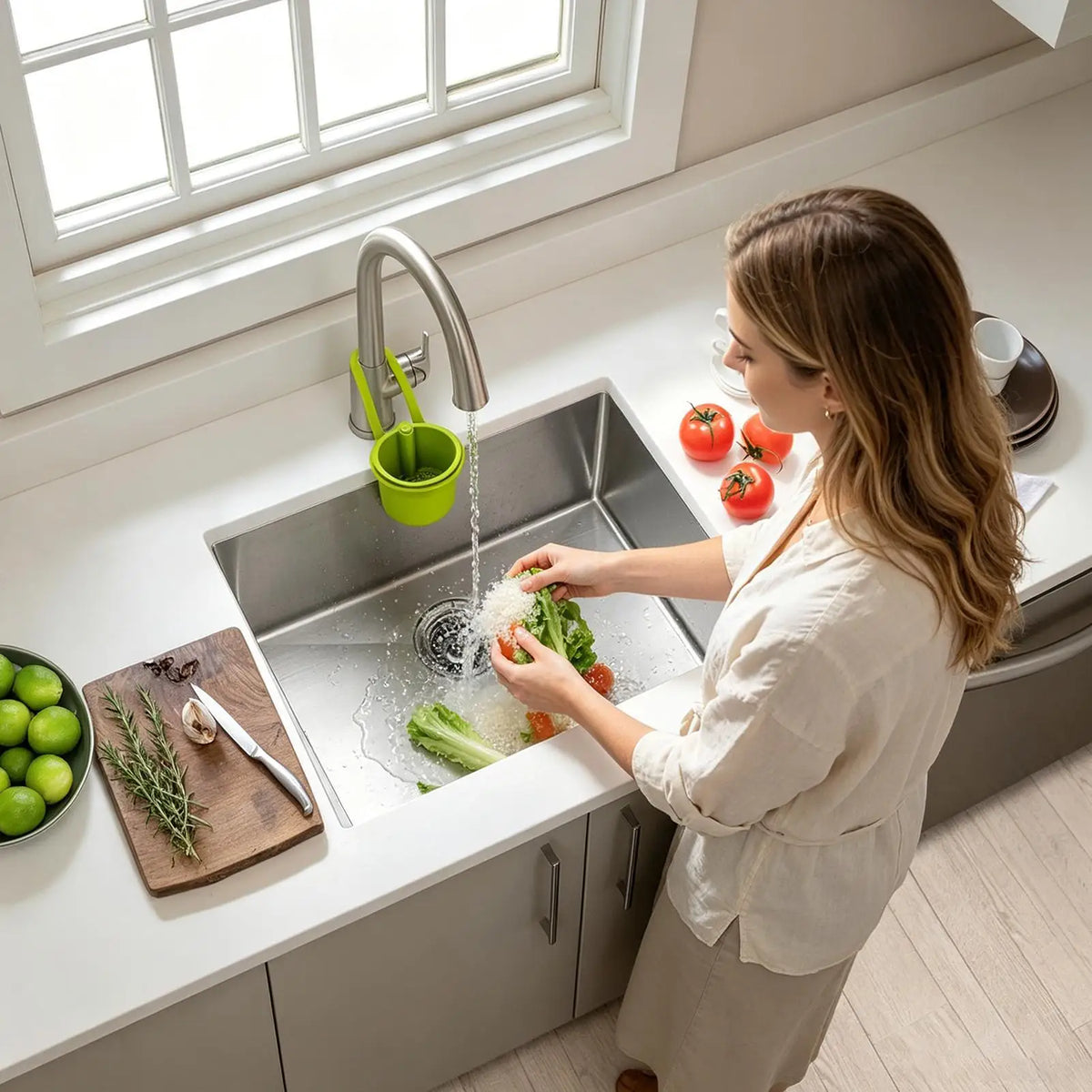 Easy Adjustable Sink Food Strainer Garbage Filter Push to Pour Design Kitchen Waste Catcher for Pasta Soup Hair Shower RV Drain Vue