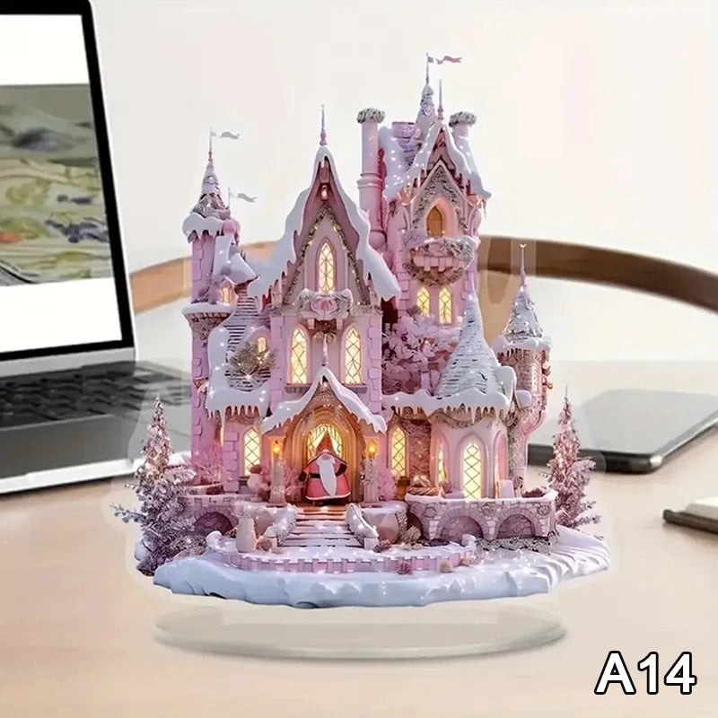 2D Flat Acrylic Christmas Desk Decor With Base Snowman House Rotating Carousel Design Indoor/Outdoor Home Office Decoration Vue A14