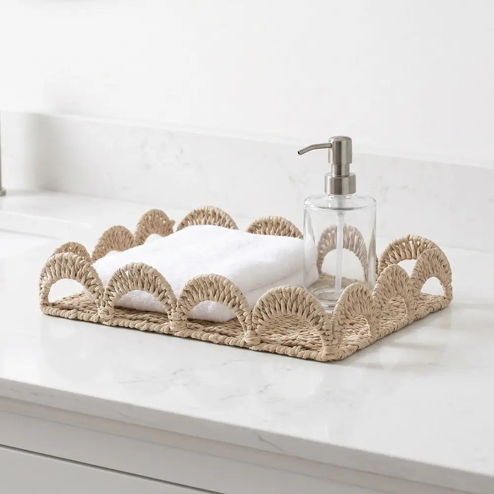 Handmade Paper Rope Storage Basket Rectangular Scalloped Edge Storage Tray Large Capacity Decorative Fruit Basket Bedroom Vue