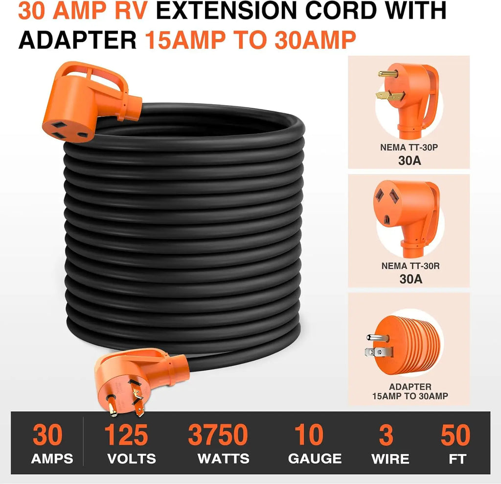 Nilight 50FT 30 Amp RV Extension Cord with Adapter 15Amp to 30Amp 125V Heavy Duty 10/3 Gauge Pure Copper STW Wire UL ETL Listed 3 Prong TT-30P TT-30R Weatherproof Suit for Generators Campers Vue