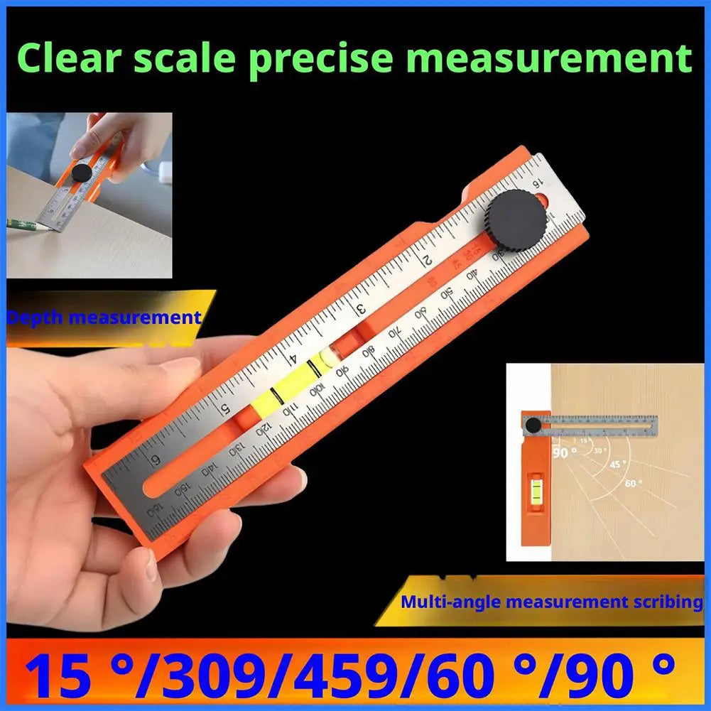 Multifunctional Angle Ruler, Precision Woodworking Protractor Level Measure Tool For Carpenter, 90/45 Degree With Depth Gauge Vue