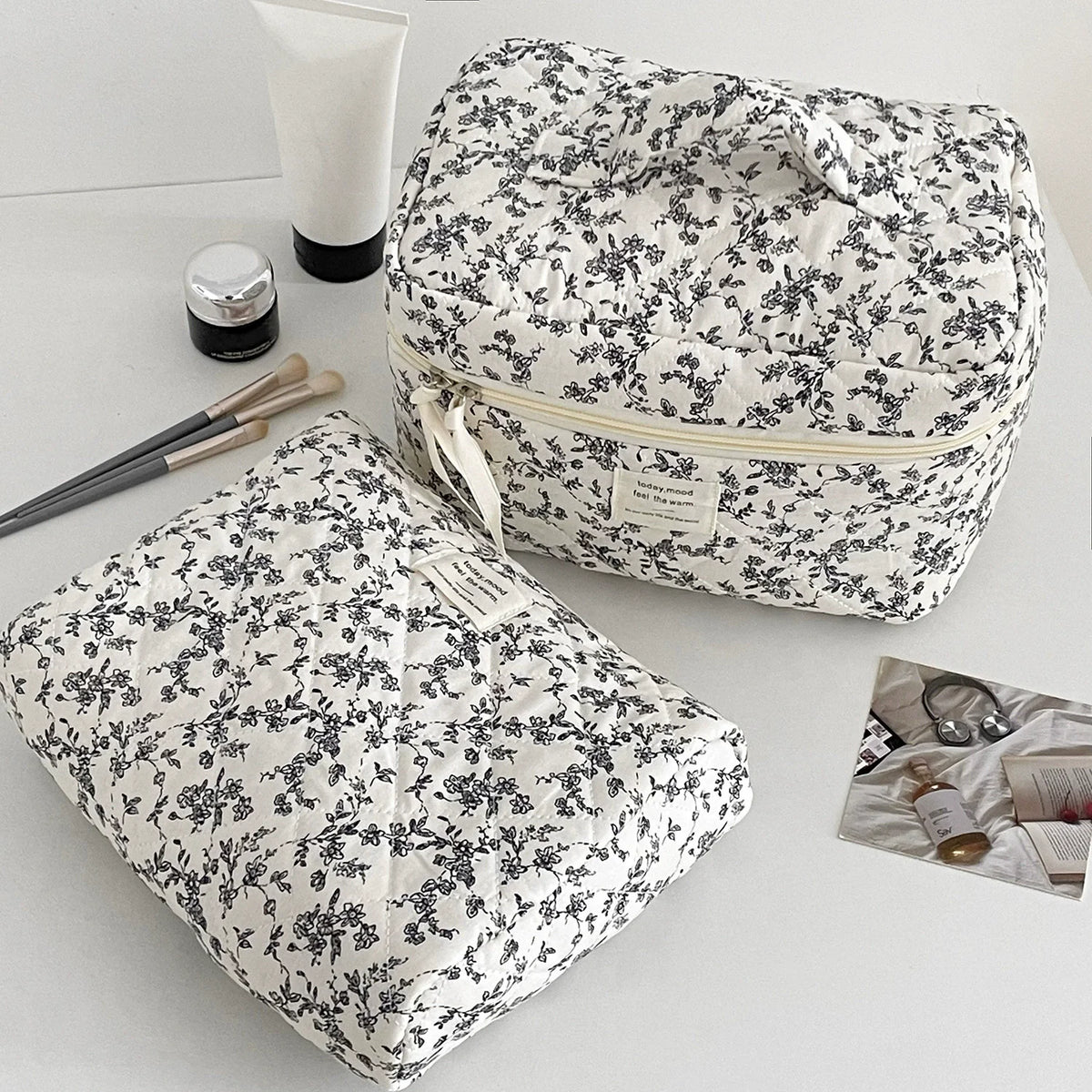 Fashion Black Flower Women Quilting Bags Handbag Travel Organizer Cosmetic Makeup Storage Pouch Portable Zipper Tote Bag Vue
