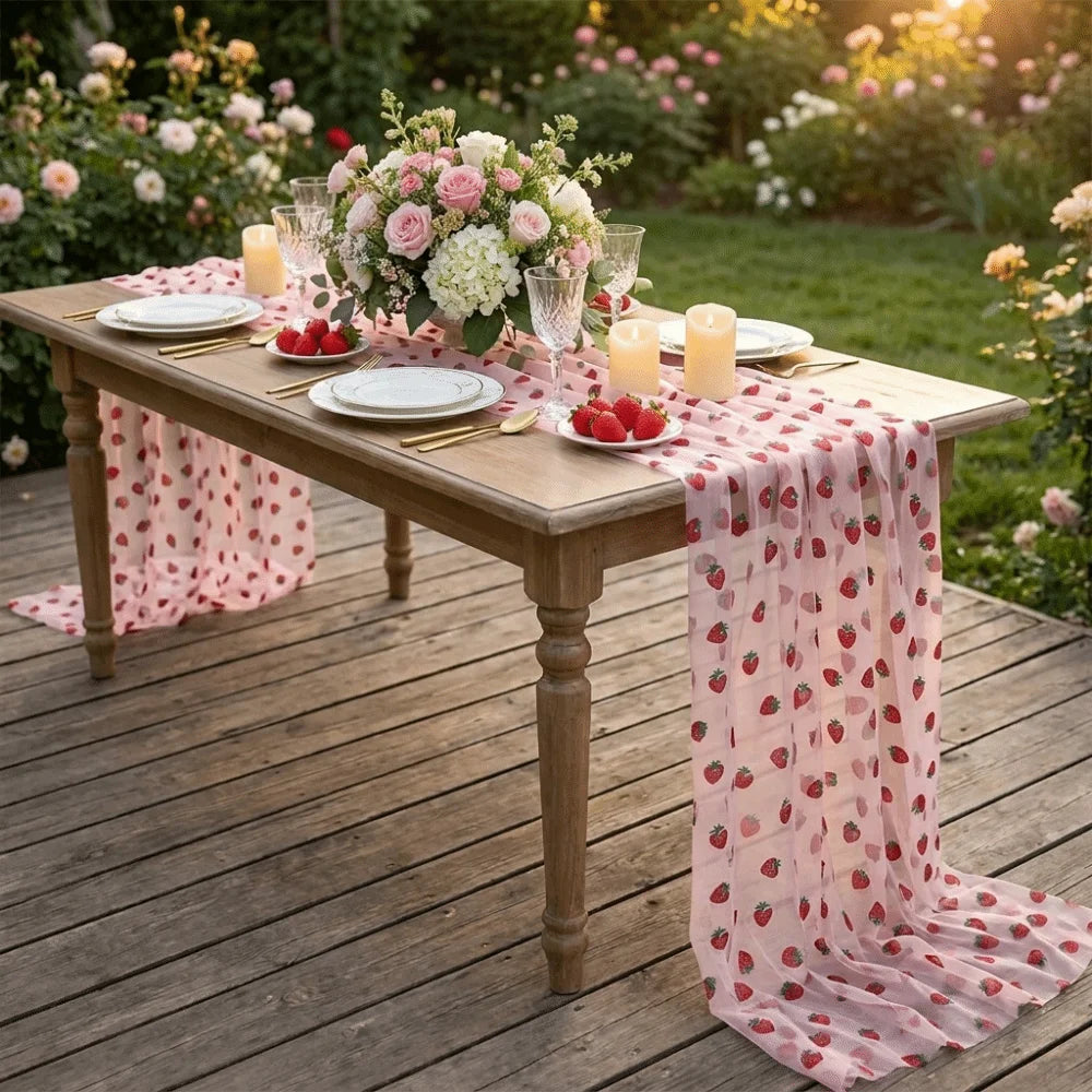Tulle Fabric Strawberry Mesh Table Runner Polyester Sweet Glitter Gauze Tablecloth Princess Style Long Table Runner Wedding Vue