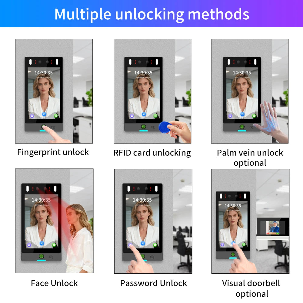 Asia Teco World Debut IP65 8inch 5000user TCP/IP WIFI Dynamic Face Recognition Access Control Attendance Machine Password+RFID Vue