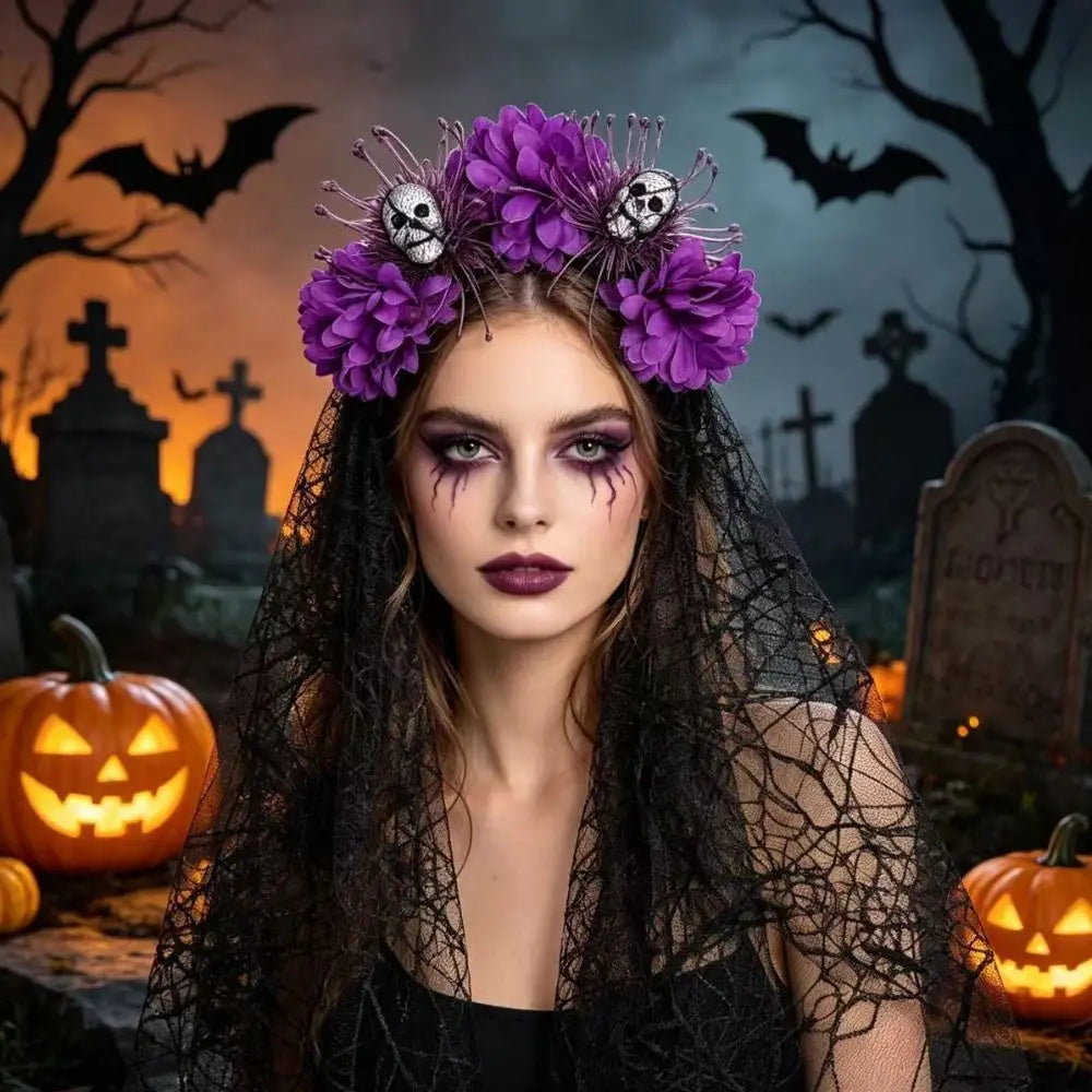 Lace Veil Skull Headband Dark Purple Sheer Mesh Ghost Bride Headwear Skull Shaped Artificial Flowers Floral Veil Headband Vue