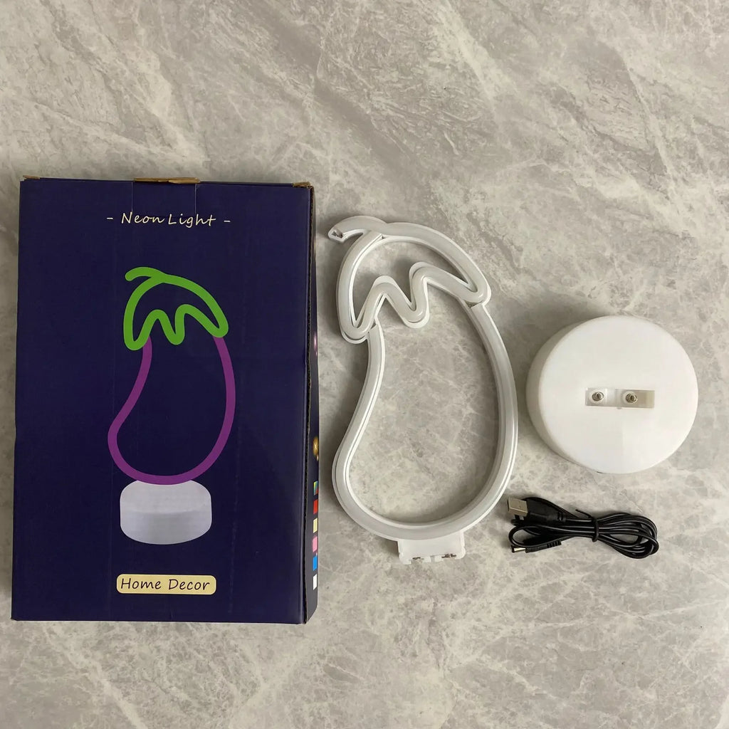 LED Eggplant Flamingo Neon Signs Light Room Wall Decor Acrylic Fruit Night Light for Bedroom Wedding Party Christmas Decorations Vue