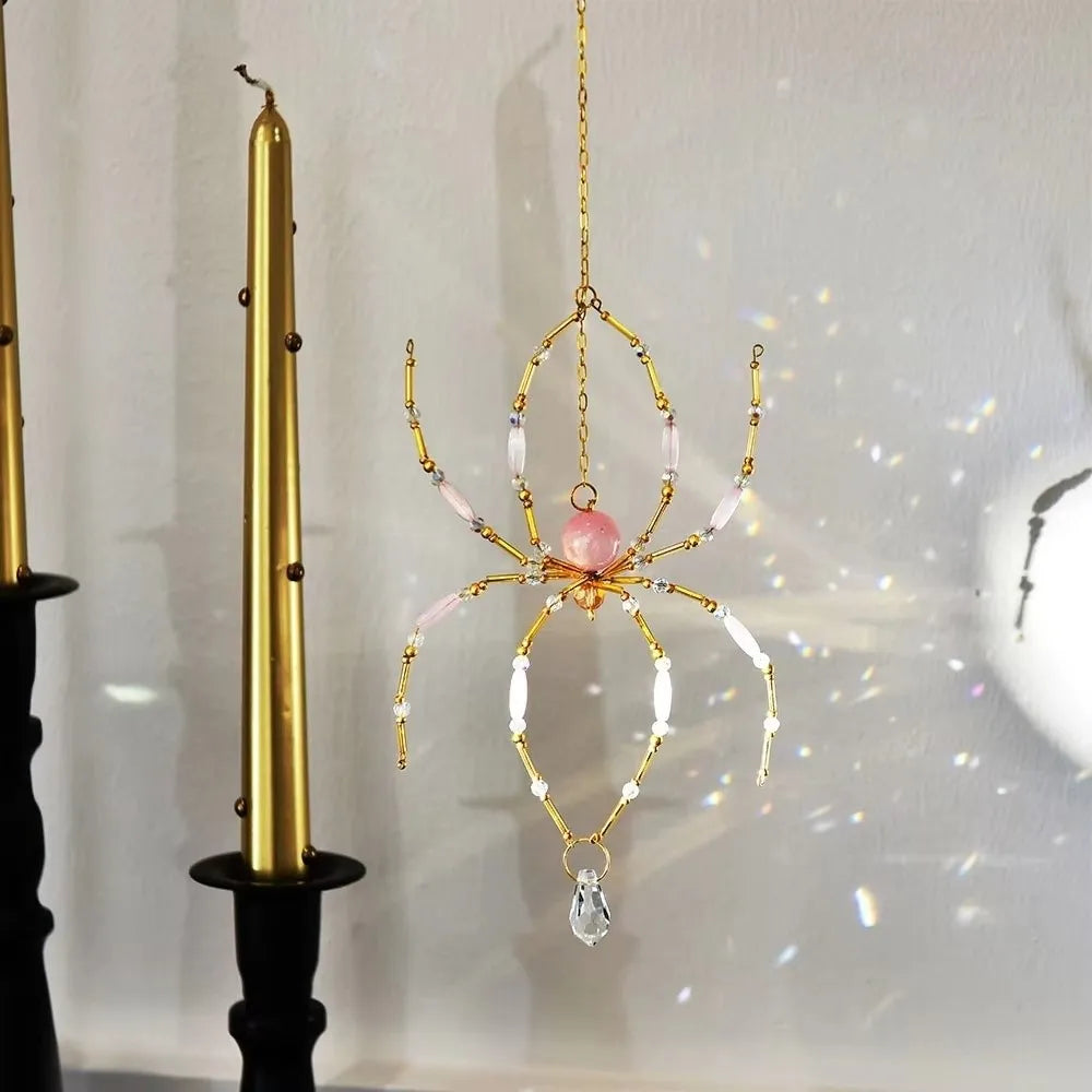 Eight-Leg Spider Shape Crystal Spider Sun Catcher Handmade Gold-Tone Chain Garden Spider Pendant Light Refracting Beaded Wire Vue