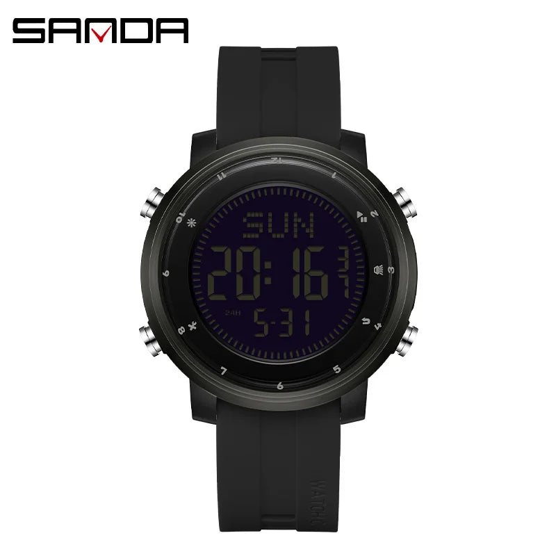 SANDA 6378 Men's Digital Sports Watch – Waterproof, Dual Time Digital Sports Watch Vue All black