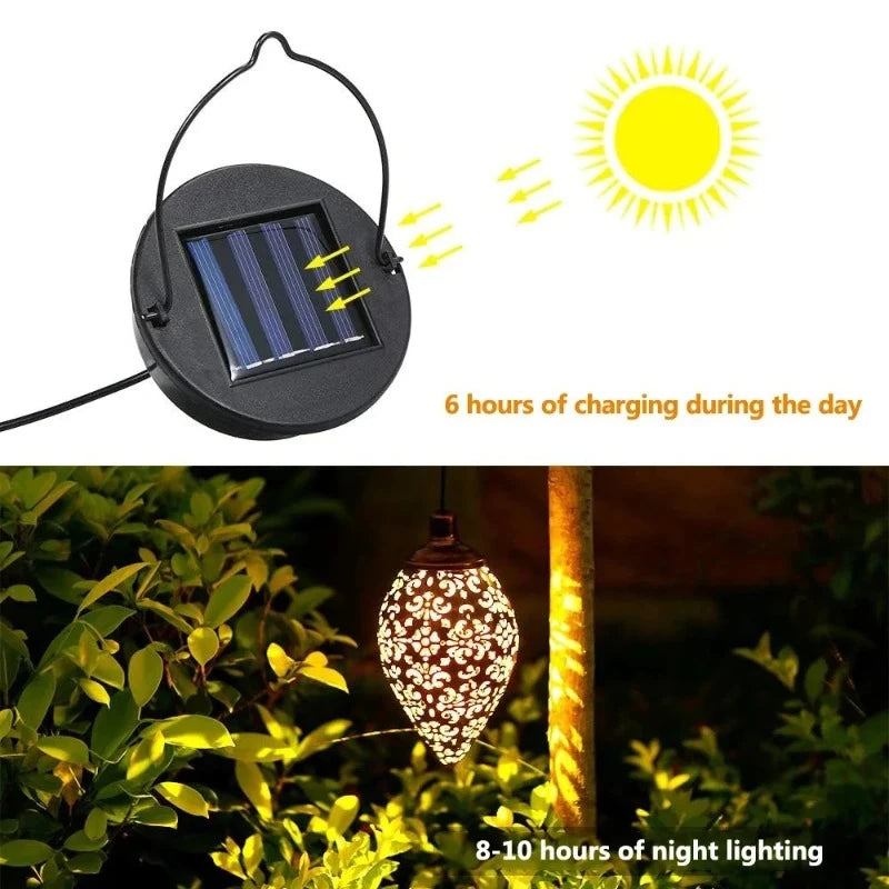 Outdoor Solar Light LED Moroccan Retro Hollow Projection Lamp Metal Waterproof Hanging Garden Light for Patio Pathway Yard Porch Vue