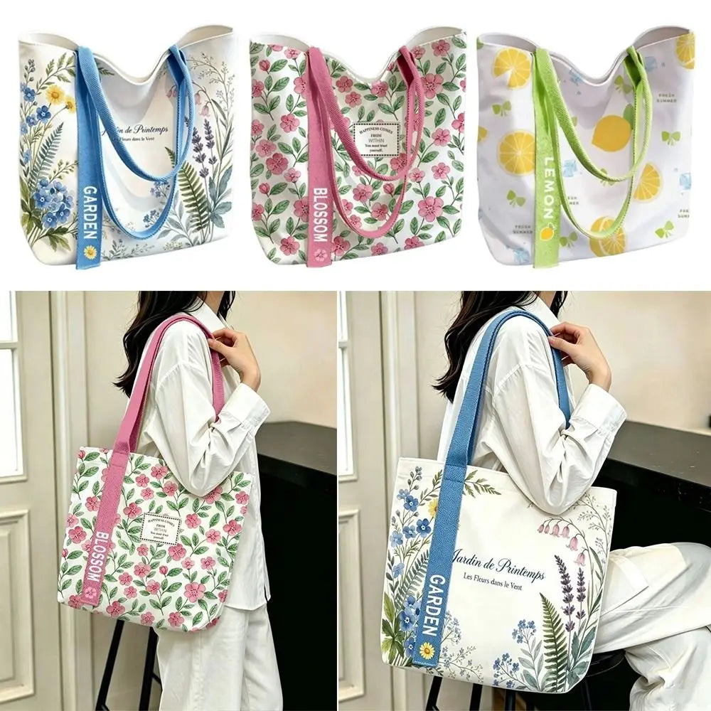 Durable Canvas Tote Bag Open Floral Lemon Print Commute Large