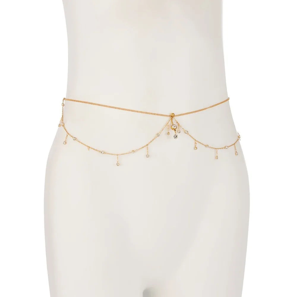 Water Drop Pendant Boho Waist Chain Double Layer Sparkling Zircon