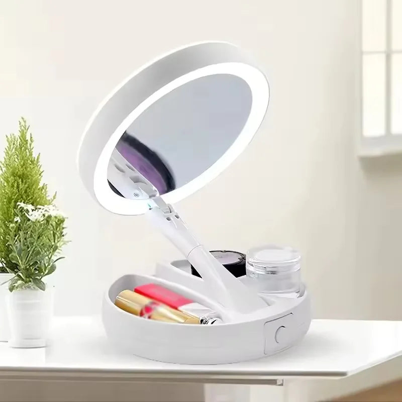 Double-Sided Travel LED Makeup Mirror with 10X Magnification Folding Portable Cosmetic Mirror with Lights Dual Powered Supply Vue white