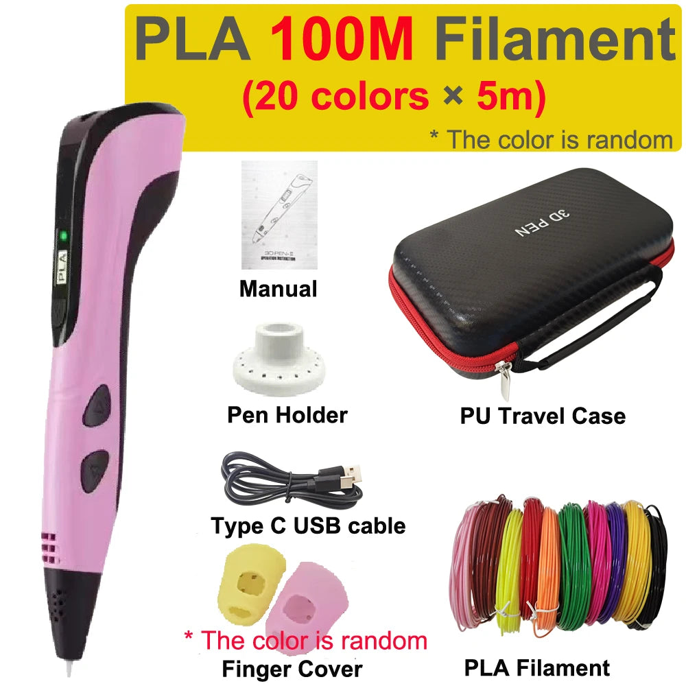 New 3D Printing Pen 3D Pen for Children 1.75mm PLA Filament DIY Drawing Birthday Christmas Gifts for Kids with Travel Case Vue Pink-100mPLA USB no adaper