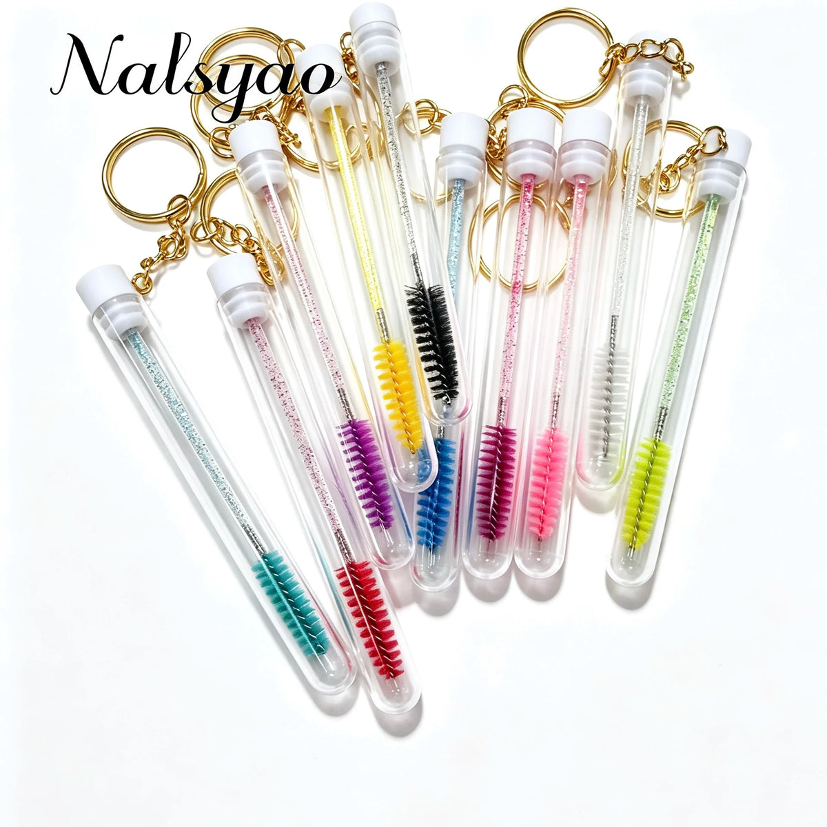 Mascara Wands In Tubes Container Lash Spoolies Comb Brushes 10pcs Reusable Eyelash Brush Tubes With Gold Keychain Sparkling Lash Vue