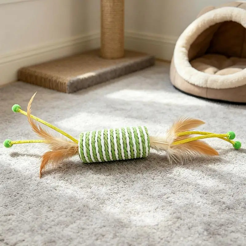 Interactive Cat Rope Roller Toy Feather Teaser Scratching Pillar Bite Resistant Green Striped Rope Roller Pet Kitten Supplies Vue