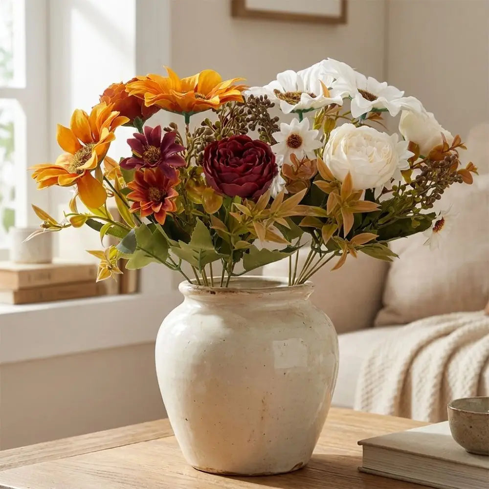 Rustic Fall Autumn Sunflower Peony Bouquet Mixed Floral UV Resistant Sunflower Floral Decor Real Touch Lifelike Vue