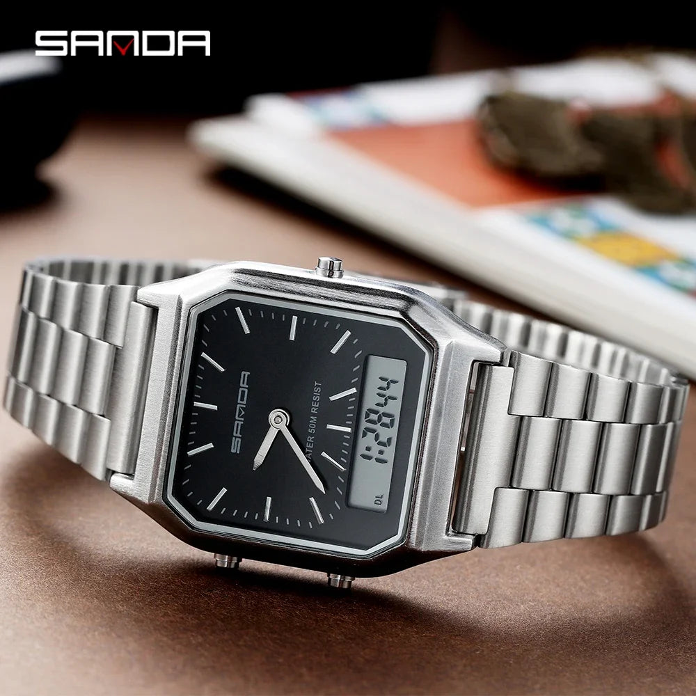 SANDA 747 Men's LED Dual Display Sports Watch | Stainless Steel Men's Sports Watch Vue