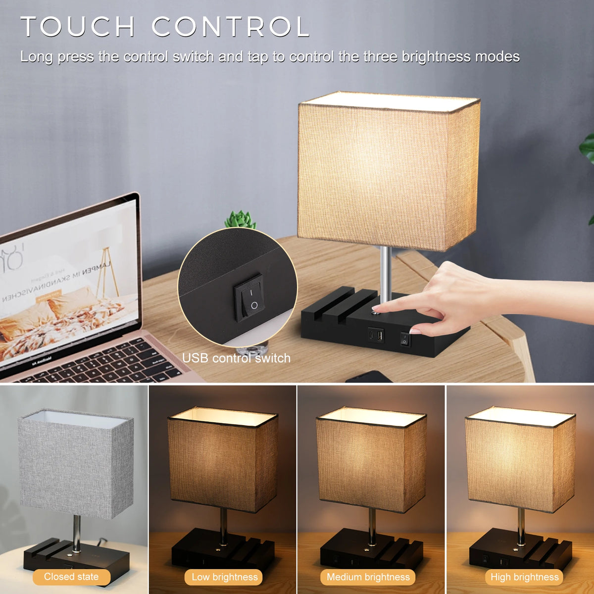 Fabric Bedside Table Lamp Nightstand Lamp Desk Light with Warm White LED Bulb Touch Control 10W Wireless USB A Type-C Charging Vue Light Grey 220V-240V EU Plug