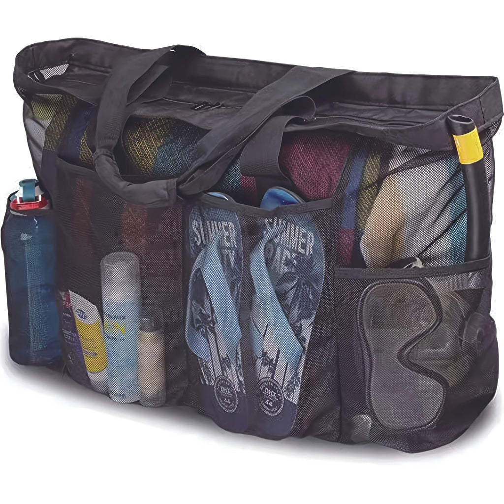 Large Beach Tote Bag Mesh Pockets Zipper Multi Compartments Durable