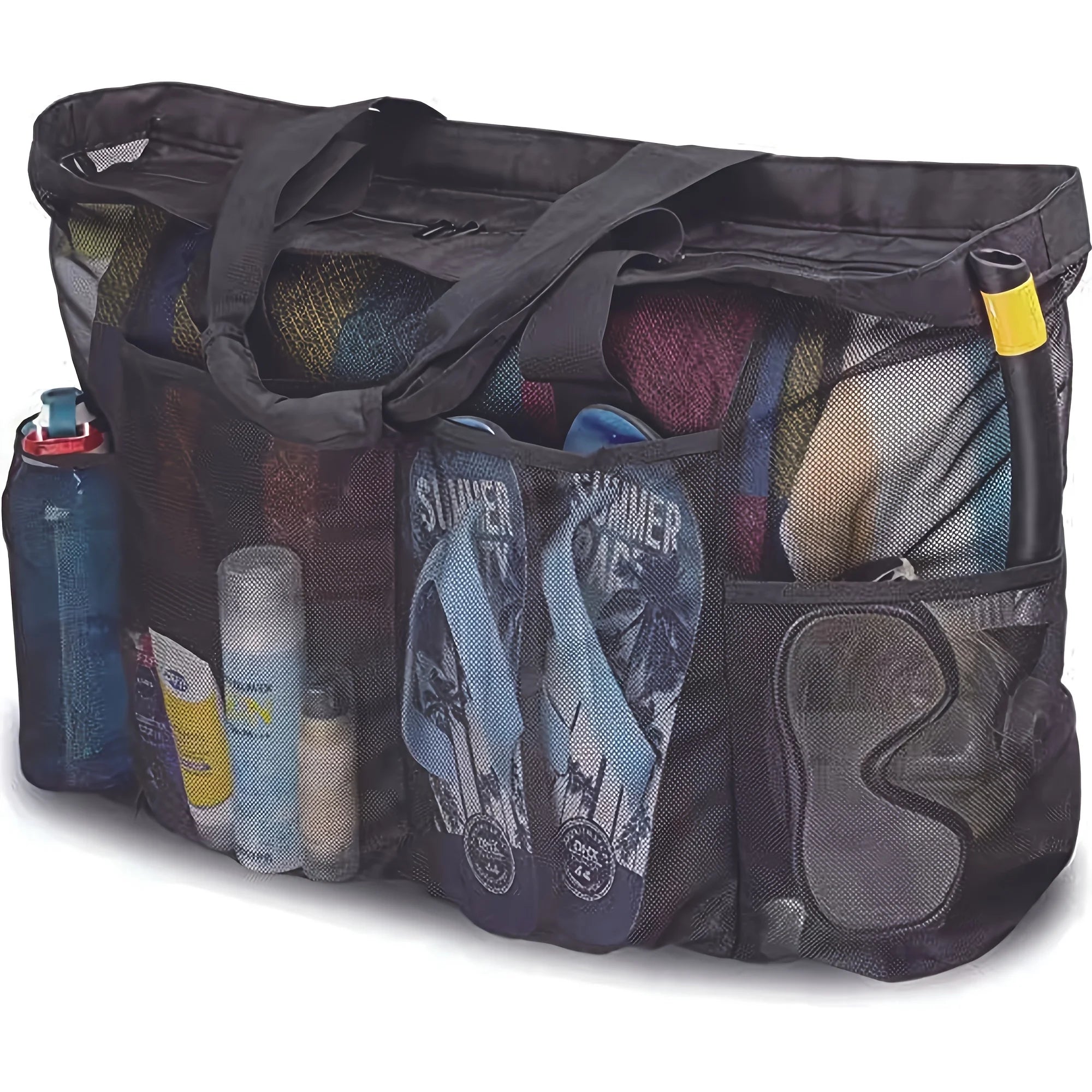 Large Beach Tote Bag Mesh Pockets Zipper Multi Compartments Durable