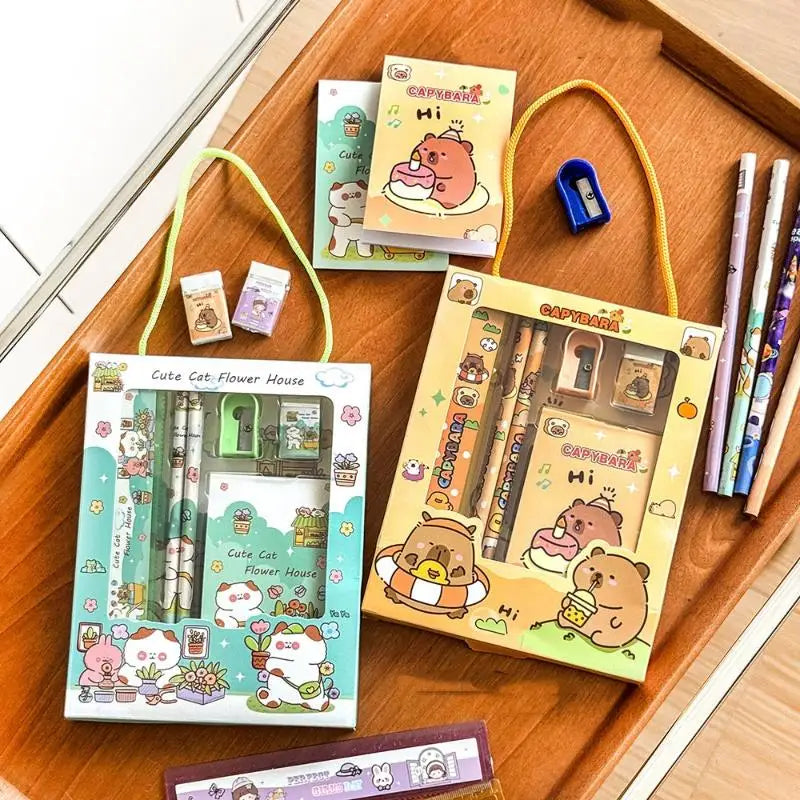 6Pcs/Set Cute Cartoon Capybara Pencil Stationery Set Kawaii Eraser Pencil Sharpener Children Student Stationery Supplies Vue