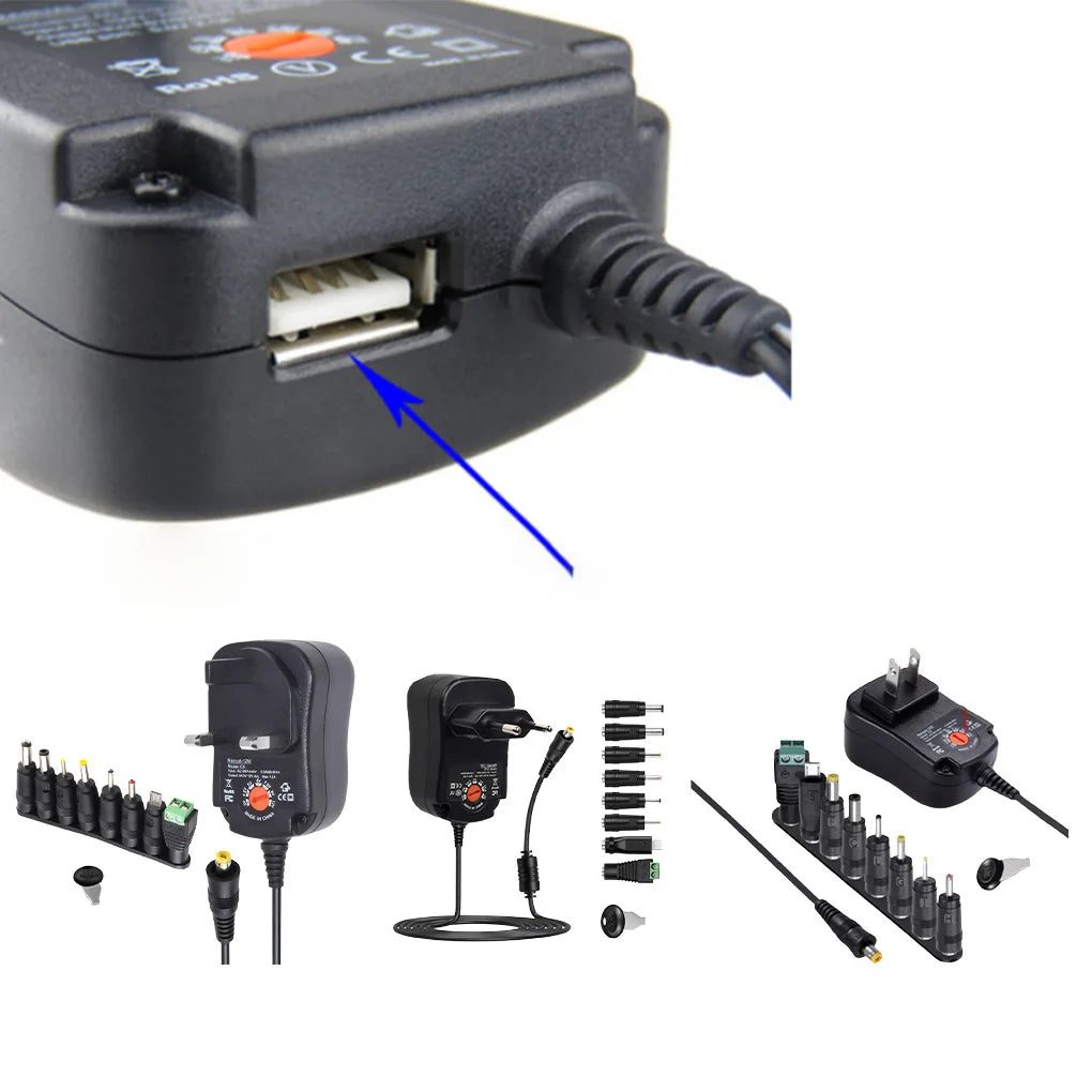 Universal Adjustable Power Adapter 3V–12V | 8 DC Connectors Universal Power Adapter Vue