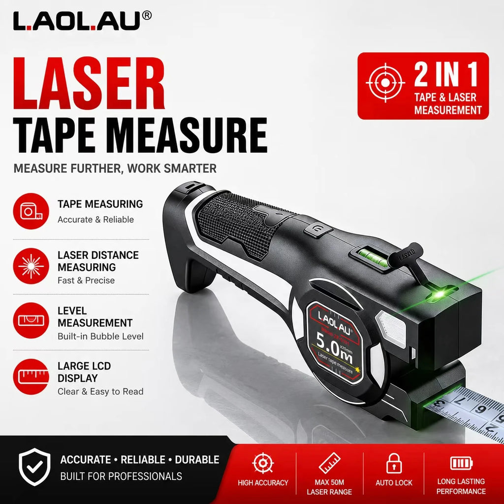 LAOLAU 2-in-1 Laser Tape Measure–5M/16FT Retractable Tape with Class II Laser, Rechargeable Battery,Type-C Charging,Auto-Lock Vue