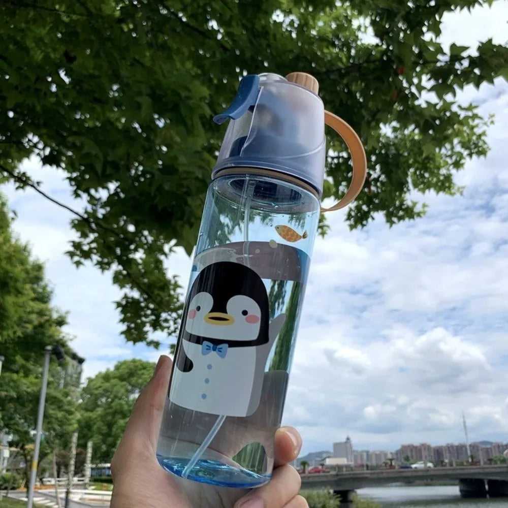 Cartoon Sports Water Cups Transparent with Spray Function Cooling Spray Cups 600ml Leak-Proof Plastic Water Bottles Summer Vue
