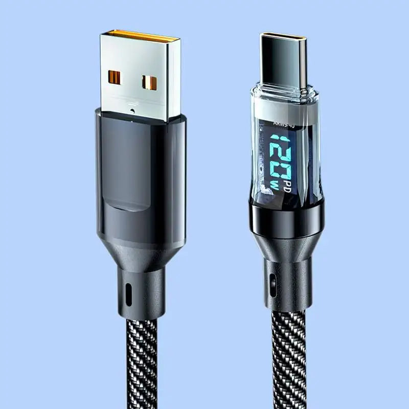 120W USB A to Type C Super Fast Charge Cable Nylon Data Cord for Xiaomi POCO Redmi Samsung With Led Digital Display Cable Vue USB to Type-c 1.5m