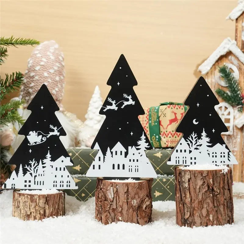 ABKW-For Christmas Tree Wooden Signs Black White 3 Pieces Xmas Tiered Tray Decor For Christmas For Home Tabletop Party Decor(Bla Vue