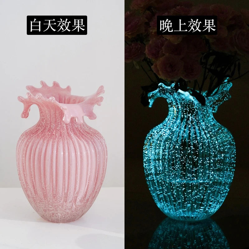Luminous Pink Wavy Rim Small Ceramic Vase Vintage Chic Glow In The Dark Bud Holder For Table Decor Home Display For Women Gift Vue